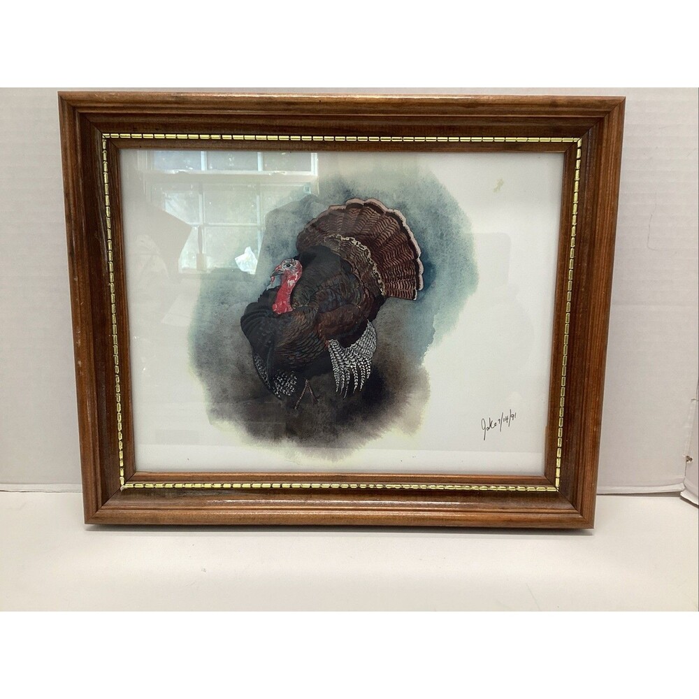 vtg wild turkey watercolor painting 15.5”x12.5” framed 1991 signed rustic